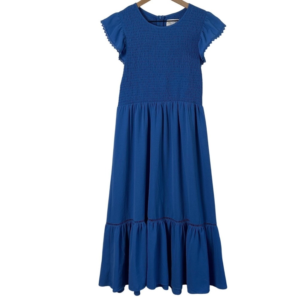 Jun & Ivy Womens Smocked Tiered Midi Dress Blue Size M Cottagecore Country
